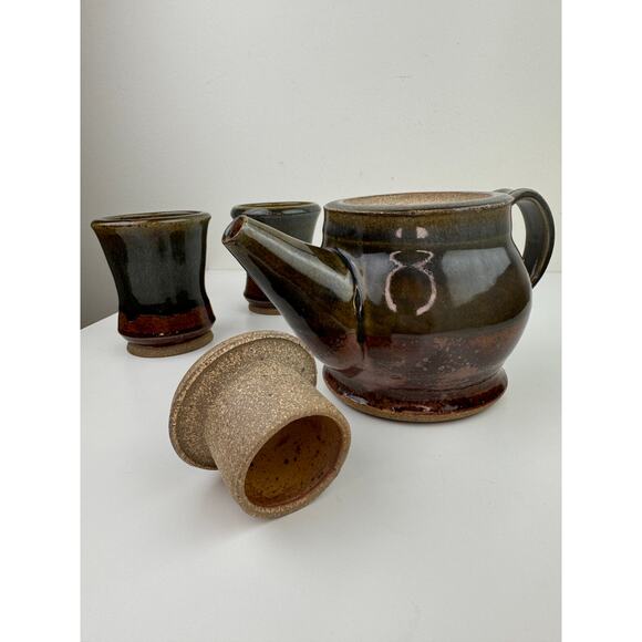 Brown Green Ceramic Hand Thrown Pottery Decorative Cup & Teapot Tea Set 3-Piece - Picture 3 of 12